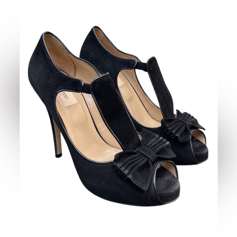 ❌SOLD❌Valentino Garavani Black Suede Peep-Toe Stiletto Platform Pumps